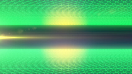 Poster - A glowing green grid pattern with a futuristic horizon and light reflections, representing concepts of data visualization and digital connectivity