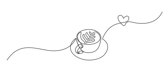Aufkleber - Cup coffee with heart in One continuous line drawing. Morning hot drink for breakfast menu in cafe and web banner in simple linear style. Editable stroke. Doodle contour Vector illustration