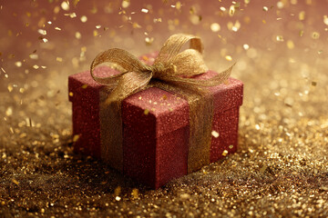 Poster - Red gift box with gold ribbon, nestled in golden glitter.  Symbolizes celebration, festivity, and gifting, ideal for holiday promotions