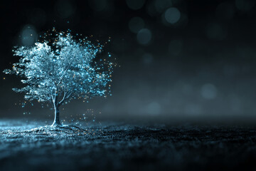 Poster - Glowing blue tree with sparkling particles, set against a dark background, evokes magic, mystery, and digital growth, ideal for technology or fantasy themes