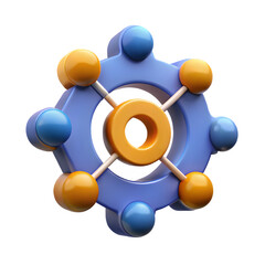 Poster - 3D Plastic Network Hub Icon: Blue Gear with Connecting Orange Nodes

