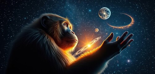 Wall Mural - A primate dissolves into starlight, gazing at celestial bodies, space, constellation, stars