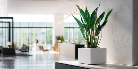 Aufkleber - Green plant in white square pot on marble surface, blurred modern office background, showcasing interior design and plant decor, ideal for commercial spaces