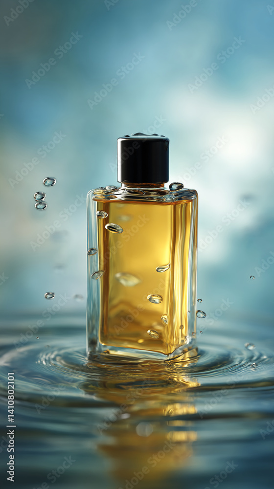 Amber perfume bottle in water, creating ripples and droplets. Showcase ...