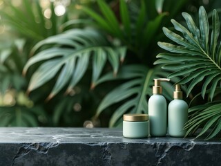 Aufkleber - collection of natural skincare products on stone ledge surrounded by tropical plants.