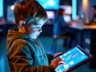 Aufkleber - young boy is sitting in front of tablet computer, engrossed in playing on it.