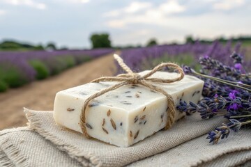 Poster - bar of lavender soap on burlap, surrounded by purple flowers in field.