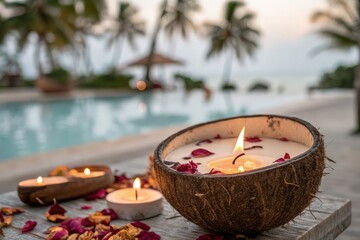 Poster - Two coconut bowls with lit candles on wooden table near pool, surrounded by petals scattered on ground.