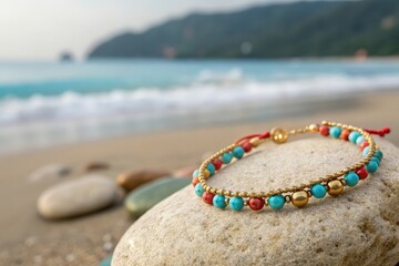 Poster - colorful bracelet on rock by beach.
