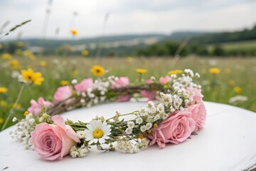Poster - floral crown with pink roses and white baby's breath on white surface in grassy field.