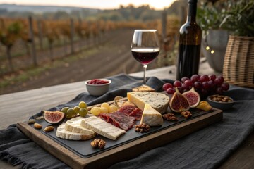 Poster - cheese board with various types of cheese, fruit, nuts, and wine glasses on table in outdoor setting.