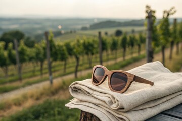 Aufkleber - Sunglasses on towel in vineyard setting.
