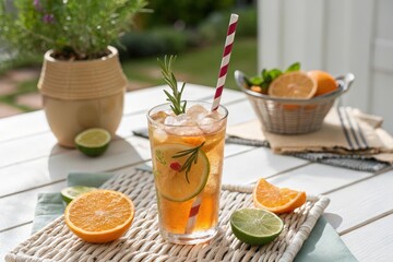 Poster - glass of iced tewith lemon and lime wedges, accompanied by sliced oranges on woven placemat.