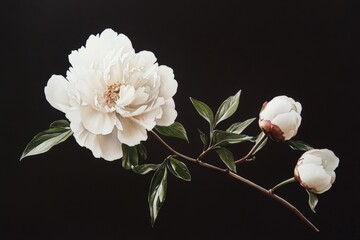 Wall Mural - delicate white peonies on dark background.