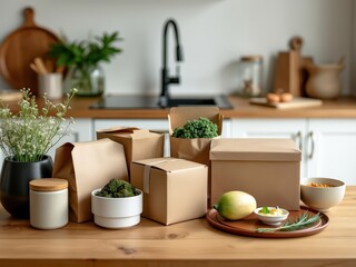 Poster - Brown boxes on countertop containing various food items such as fruits, vegetables, and condiments.