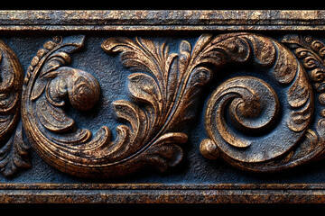 Poster - Close-up of ornate bronze-colored relief, showing intricate floral and scroll patterns on dark background, showcasing decorative, antique, or classic design for luxury projects