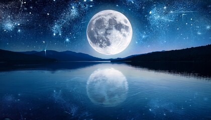 Wall Mural - starry sky and full moon with reflection in the water
