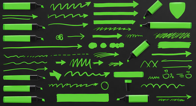 Transparent and realistic highlighters text selection, markers lines, underlines, arrows set, rounds, doodle and sketch elements in hand-drawn style. Highlighters and sketch graphic set. School board