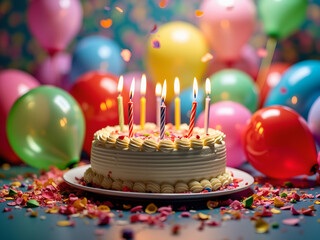 Poster - round cake with white frosting and candles on top of it, surrounded by colorful balloons and confetti.