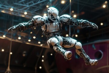 Poster - Robotic figure suspended in a futuristic environment with bright lights and vivid colors
