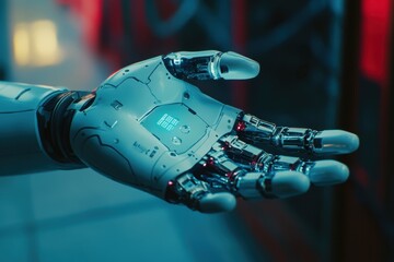 Poster - Robotic hand displaying advanced technology in a futuristic lab environment