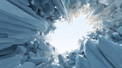 Poster - Abstract image of broken ice crystals forming a circular frame, showcasing a bright sky in the center. Represents fragility, coldness, or a breakthrough concept.  Free space for text