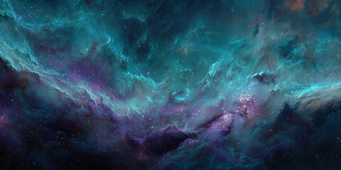 Aufkleber - Teal and purple nebula, cosmic clouds of gas and dust, depicting a vast and mysterious space scene, symbolizing the infinite universe and celestial beauty, ideal for fantasy or science fiction themes