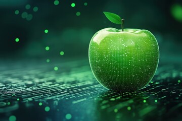 Leinwandbilder - Digital green apple glowing with data patterns on dark background at night