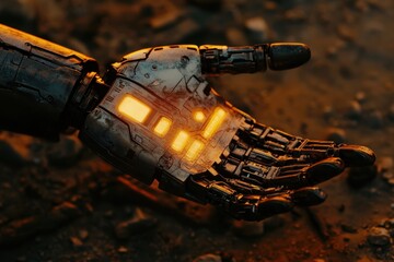Poster - Robotic hand resting on the ground with glowing details in an industrial setting