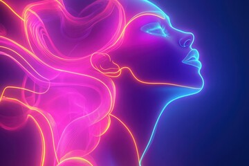 Poster - Vibrant neon outline of a woman's profile with flowing hair against a dark background
