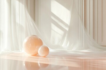 Poster - Softly illuminated pastel spheres on a minimalist backdrop with gentle fabric draping