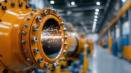 Poster - A close-up image of an industrial pipe with sparks flying, capturing the essence of manufacturing and engineering in a modern factory environment with dynamic motion.