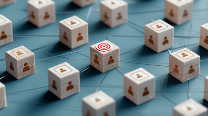 Poster - wooden cubes with person icons form a network, one cube features a target, symbolizing strategic aud