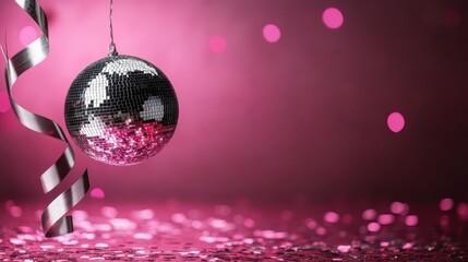 Poster - A sparkling disco ball hangs against a vibrant pink background, evoking feelings of celebration, nostalgia, and the joyful atmosphere of parties and nightlife.