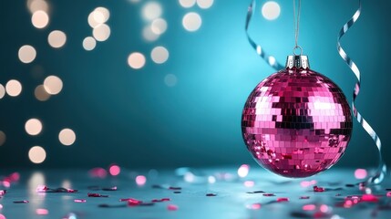 Poster - This shiny pink disco ball is suspended in mid-air above scattered celebratory confetti, radiating joy and vibrancy for lively gatherings and parties.
