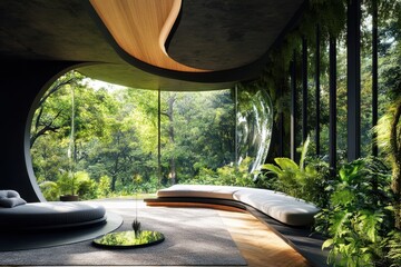 Poster - Modern interior design blending nature with contemporary style near a lush green forest