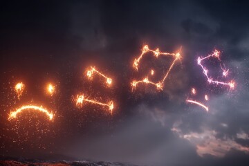 Poster - Abstract emotional constellations glow vividly against a dramatic sky landscape, with sad, angry, and happy face shapes formed by sparkling light particles.