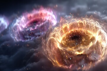 Poster - Abstract cosmic galaxy illustration showcasing nebulae with glowing digital network, representing futuristic technology and space exploration with a digital aesthetic.