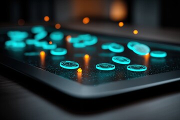 Fototapete - A futuristic display showcasing glowing digital tokens on a sleek dark interface, resembling a virtual casino table with abstract orange light accents and modern design elements.