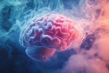 Poster - Colorful brain illustration surrounded by vibrant smoke effects in a dark background