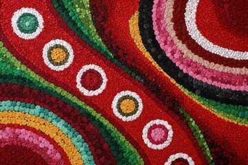 Poster - A vibrant abstract pattern featuring concentric circles and colorful lines on a red background, evoking a sense of cultural artistry and hand-painted texture.