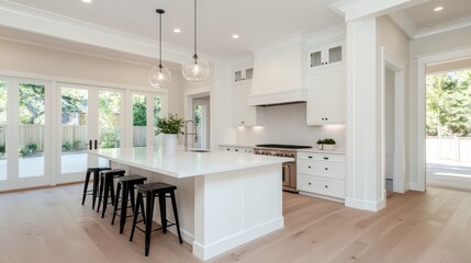 Poster - A spacious and modern kitchen featuring white cabinetry, a large island with seating, pendant lighting, and ample natural light, ideal for contemporary living and cooking.