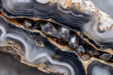 Poster - Close-up view of an agate geode with quartz crystals and gold accents, revealing intricate details and layers of banding, natural beauty, minerals, geology.