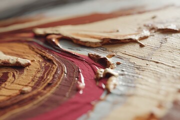 Poster - macro photograph showcases thick, textured paint strokes in earthy tones of red, gold and beige, cre