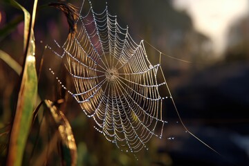 Poster - An intricate spiderweb glistening with dewdrops at sunrise, delicately weaving nature's artistry against a softly blurred background, creating a beautiful and serene scene.