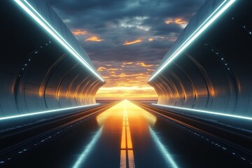 Poster - Futuristic tunnel with glowing lights leading to a vibrant sunset