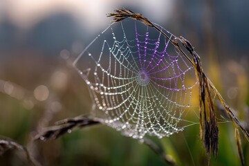Poster - A delicate spiderweb, adorned with glistening dewdrops, is strung between blades of grass, creating a beautiful and intricate natural art piece in the field.