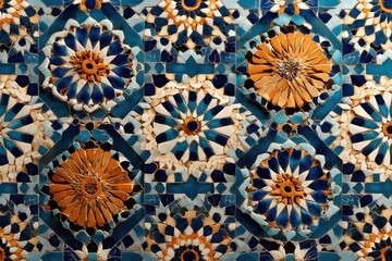 Poster - An elaborate mosaic tile pattern featuring intricate floral and geometric designs with rich blue, orange, and white colors, creating a mesmerizing and traditional aesthetic.