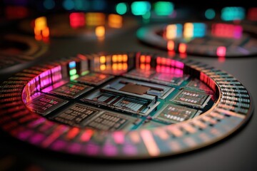 Poster - a close-up shot showcases a sophisticated wafer, illuminated by vibrant, colorful lights, reflecting