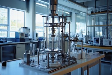 Poster - Advanced laboratory setup featuring multiple glass apparatus in a modern research facility